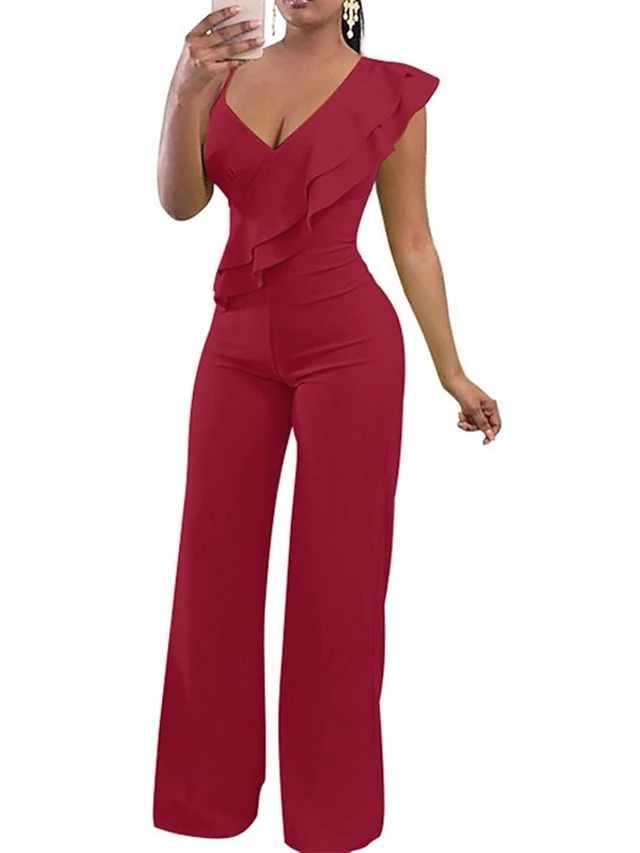 Women's Jumpsuit Ruffle Backless Solid Color One Shoulder Elegant Party Homecoming Wide Leg Regular Fit Sleeveless Wine Army Green White S M L Spring 20 Women's Jumpsuit Ruffle Backless Solid Color One Shoulder Elegant Party Homecoming Wide Leg Regular Fit Sleeveless Wine Army Green White S M L Spring - Image 20