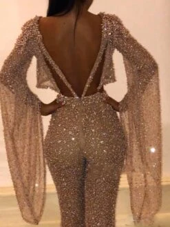 Women‘s Jumpsuit Sparkly Backless Cut Out Solid Color Crew Neck Elegant Party Vacation Regular Fit Long Sleeve Gold S M L Spring -Cheap Plus Fit Dress Store tdzexg1645785552462