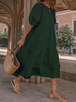 Women‘s Plus Size Curve Holiday Dress Solid Color Crew Neck Half Sleeve Fall Spring Casual Boho Maxi Long Dress Daily Vacation Dress Cotton -Cheap Plus Fit Dress Store teacmn1621240348245
