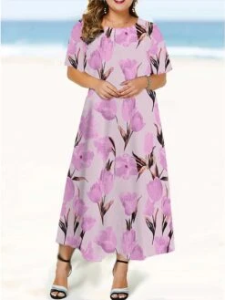 Women‘s Plus Size Curve Casual Dress Floral Long Dress Maxi Dress Short Sleeve Print Crew Neck Fashion Outdoor Pink Purple Summer Spring L XL XXL 3XL 4XL -Cheap Plus Fit Dress Store tejrew1679305427804