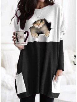 Women's T Shirt Dress Tunic Shirts Tunic Black Gray Graphic Cat 3D Patchwork Print Long Sleeve Daily Basic Round Neck Regular Fit 3D Cat Fall & Winter