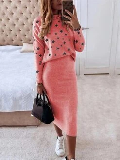 Women's Two Piece Dress Set Casual Dress Skirt Set Daily Date Streetwear Casual Print Midi Dress Turtleneck Long Sleeve Star Regular Fit White Red Navy Blue Fall Winter S M L XL