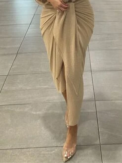 Women's Two Piece Dress Set Party Dress Skirt Set Party Wedding Guest Fashion Party Ruched Long Dress Maxi Dress Shirt Collar Long Sleeve Plain Regular Fit Khaki Fall Winter S M L XL -Cheap Plus Fit Dress Store tfwbtw1694596109175