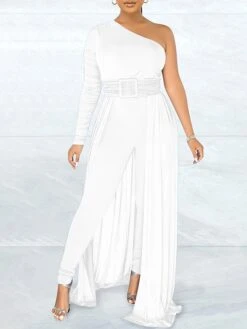 Women's Jumpsuit Overlay Lace Up Mesh Solid Color One Shoulder Streetwear Party Going Out Regular Fit Long Sleeve Black White Yellow S M L Spring -Cheap Plus Fit Dress Store tgeyjv1676364638817