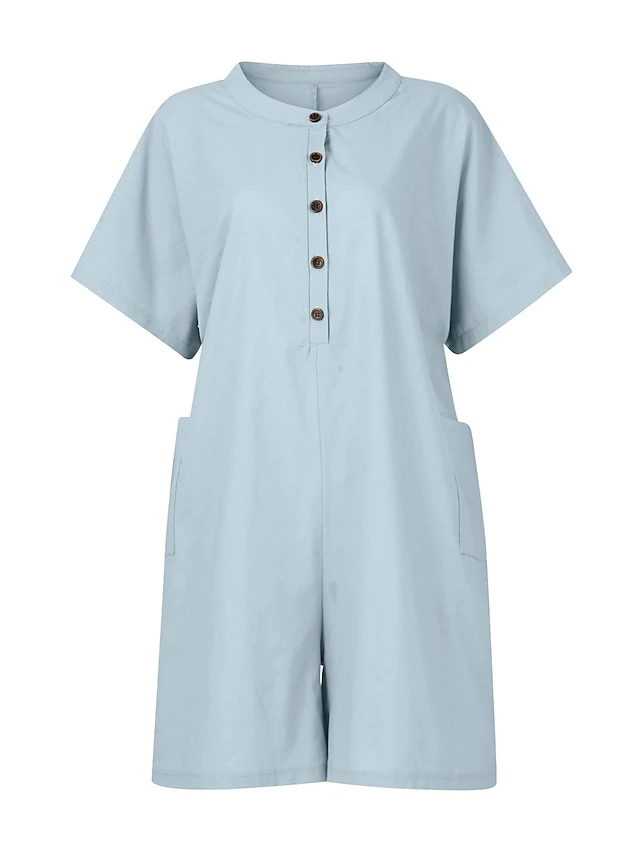 Women's Romper Button Solid Color Crew Neck Basic Street Daily Regular Fit Short Sleeve Black White Yellow S M L Summer 3 Women's Romper Button Solid Color Crew Neck Basic Street Daily Regular Fit Short Sleeve Black White Yellow S M L Summer - Image 3