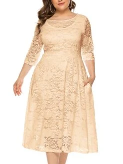 Women‘s Plus Size Curve Party Dress Black Dress Floral Crew Neck Lace 3/4 Length Sleeve Spring Fall Work Prom Dress Midi Dress Party -Cheap Plus Fit Dress Store tgnybi1628496514262