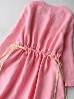 Women's Casual Dress Cotton Linen Dress Midi Dress Linen / Cotton Blend Fashion Casual Outdoor Daily Vacation V Neck Button Pocket Long Sleeve Fall Winter Autumn 2023 Loose Fit Pink Plain M L XL 2XL -Cheap Plus Fit Dress Store tgtjpf1694418852223