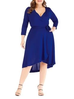 Women's Plus Size Curve Work Dress Black Dress A Line Dress Fashion Midi Dress Lace Up Asymmetrical V Neck 3/4 Length Sleeve Plain Loose Fit Black Blue Fall XL XXL 3XL 4XL 5XL