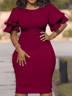 Women‘s Plus Size Curve Work Dress Bodycon Sheath Dress Solid Color Midi Dress Short Sleeve Ruffle Crew Neck Fashion Office Black White Summer Spring XL XXL 3XL 4XL 5XL -Cheap Plus Fit Dress Store theukx1677650838775