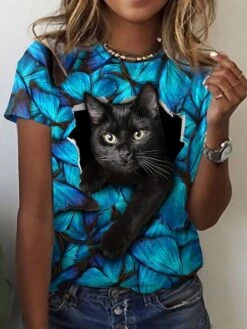 Women's T Shirt Tee Blue Graphic Cat 3D Print Short Sleeve Daily Weekend Basic Round Neck Regular Fit 3D Cat