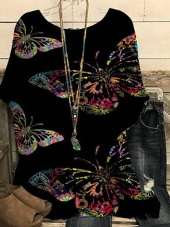 Women's Plus Size T Shirt Tee Black Blue Purple Graphic Polka Dot Butterfly Print Short Sleeve Daily Going Out Weekend Punk & Gothic Round Neck Regular Fit Dolman Sleeve Summer Spring -Cheap Plus Fit Dress Store thmime1652682212384