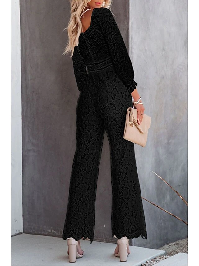 Women's Jumpsuit Lace Tassel Solid Color V Neck Elegant Wedding Work Bootcut Regular Fit Short Sleeve Poet Sleeve Black White Wine S M L Fall 5 Women's Jumpsuit Lace Tassel Solid Color V Neck Elegant Wedding Work Bootcut Regular Fit Short Sleeve Poet Sleeve Black White Wine S M L Fall - Image 5