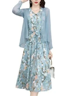 Women's Two Piece Dress Set Print Dress Outdoor Daily Modern Casual Lace Up Ruched Midi Dress V Neck Long Sleeve Floral Regular Fit Black Pink Blue Summer Spring M L XL XXL XXXL -Cheap Plus Fit Dress Store thqmki1678430833298
