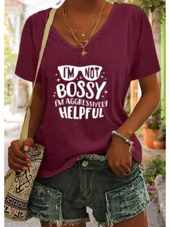 Women's T Shirt Tee Burgundy Tee Black White Pink Graphic Letter Print Short Sleeve Casual Daily Basic V Neck Regular Fit