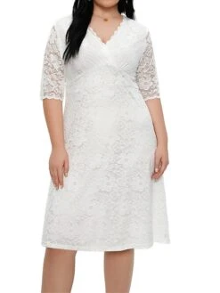 Women‘s Plus Size Curve Party Dress Lace Dress White Dress Solid Color Midi Dress Half Sleeve Lace V Neck Fashion Party White Red Summer Spring XL XXL 3XL 4XL 5XL -Cheap Plus Fit Dress Store tigigh1681204546551