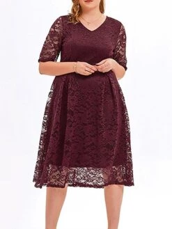 Women‘s Plus Size Curve Party Dress Lace Dress Cocktail Dress Midi Dress Black Pink Wine Half Sleeve Pure Color Lace Summer Spring Fall V Neck Fashion Birthday Wedding Guest Vacation 2023 -Cheap Plus Fit Dress Store tiicsn1691564496157