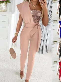 Jumpsuits For Women Dressy High Waist Sequin Gradient One Shoulder Elegant Party Bar Regular Fit Short Sleeve Black Blue Gold S M L Spring Fall Summer