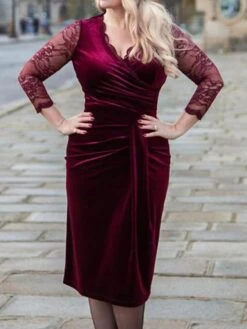 Women's Plus Size Curve Party Dress Velvet Dress Work Dress Plain Midi Dress 3/4 Length Sleeve Lace Ruched V Neck Fashion Party Black Wine Fall Winter XL XXL 3XL 4XL -Cheap Plus Fit Dress Store tivfch1696567803693