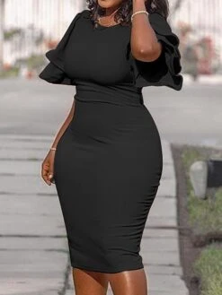 Women‘s Plus Size Curve Work Dress Bodycon Sheath Dress Solid Color Midi Dress Short Sleeve Ruffle Crew Neck Fashion Office Black White Summer Spring XL XXL 3XL 4XL 5XL -Cheap Plus Fit Dress Store tiwodh1677650845788