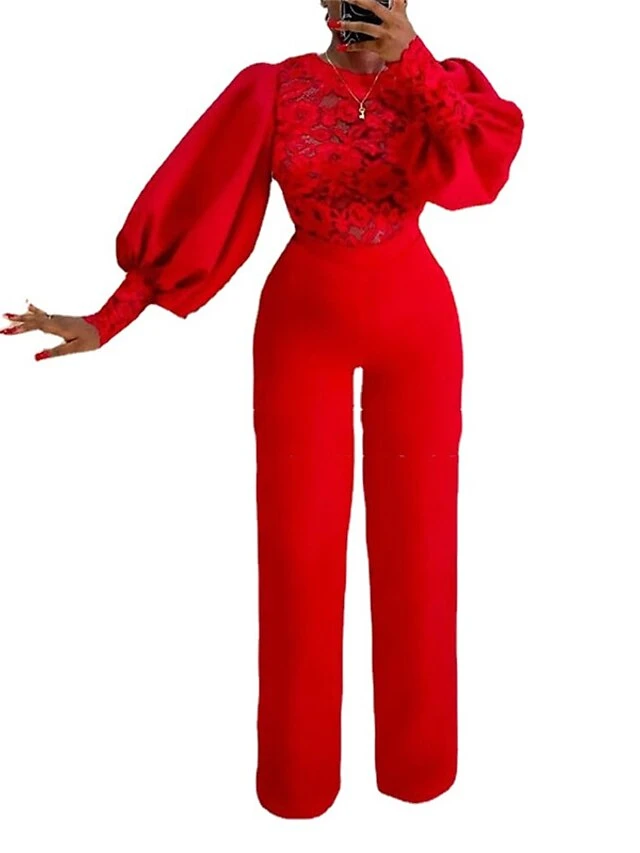 Women's Jumpsuit Flower Lace Solid Color Crew Neck Formal Birthday Party Christmas Evening Straight Regular Fit Long Sleeve Bishop Sleeve Red S M L Fall Cold Weather 3 Women's Jumpsuit Flower Lace Solid Color Crew Neck Formal Birthday Party Christmas Evening Straight Regular Fit Long Sleeve Bishop Sleeve Red S M L Fall Cold Weather - Image 3