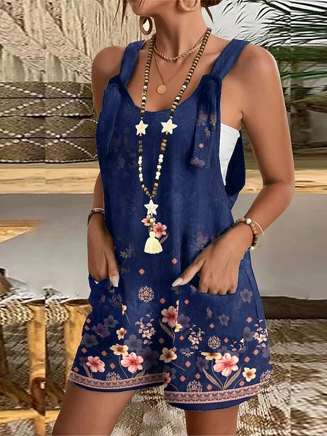 Women's Overall Pocket Print Floral U Neck Casual Daily Going Out Baggy Shorts Loose Fit Strap Light Green Pink Blue S M L Summer 3 Women's Overall Pocket Print Floral U Neck Casual Daily Going Out Baggy Shorts Loose Fit Strap Light Green Pink Blue S M L Summer - Image 3