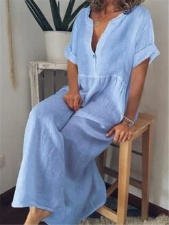 Women's Casual Dress Cotton Linen Dress Maxi Long Dress Cotton Blend Basic Classic Outdoor Daily Vacation Split Neck Button Short Sleeve Summer Spring 2023 Loose Fit Black White Blue Plain S M L XL 8 Women's Casual Dress Cotton Linen Dress Maxi Long Dress Cotton Blend Basic Classic Outdoor Daily Vacation Split Neck Button Short Sleeve Summer Spring 2023 Loose Fit Black White Blue Plain S M L XL -Cheap Plus Fit Dress Store tjedxm1688634748044