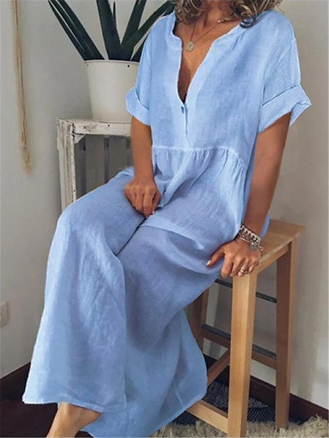 Women's Casual Dress Cotton Linen Dress Maxi Long Dress Cotton Blend Basic Classic Outdoor Daily Vacation Split Neck Button Short Sleeve Summer Spring 2023 Loose Fit Black White Blue Plain S M L XL 3 Women's Casual Dress Cotton Linen Dress Maxi Long Dress Cotton Blend Basic Classic Outdoor Daily Vacation Split Neck Button Short Sleeve Summer Spring 2023 Loose Fit Black White Blue Plain S M L XL - Image 3