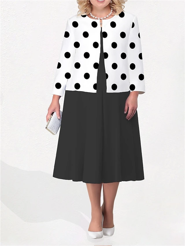 Women's Plus Size Curve Two Piece Dress Set Casual Dress Print Dress Outdoor Office Fashion Streetwear Print Midi Dress Crew Neck Long Sleeve Polka Dot White Yellow Fuchsia Fall Winter L XL XXL 1 Women's Plus Size Curve Two Piece Dress Set Casual Dress Print Dress Outdoor Office Fashion Streetwear Print Midi Dress Crew Neck Long Sleeve Polka Dot White Yellow Fuchsia Fall Winter L XL XXL