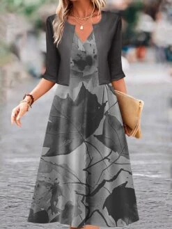 Women's Two Piece Dress Set Casual Dress Swing Dress Outdoor Daily Fashion Elegant Print Midi Dress V Neck Half Sleeve Leaf Regular Fit Blue Brown Gray Fall Winter S M L XL XXL -Cheap Plus Fit Dress Store tjxund1697681149985