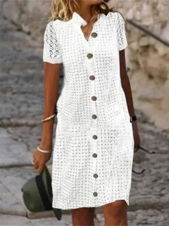 Women's Casual Dress Cotton Linen Dress Shift Dress Midi Dress Cotton Blend Modern Casual Outdoor Daily Vacation Split Neck Button Eyelet Short Sleeve Summer Spring 2023 Regular Fit White Plain S M L
