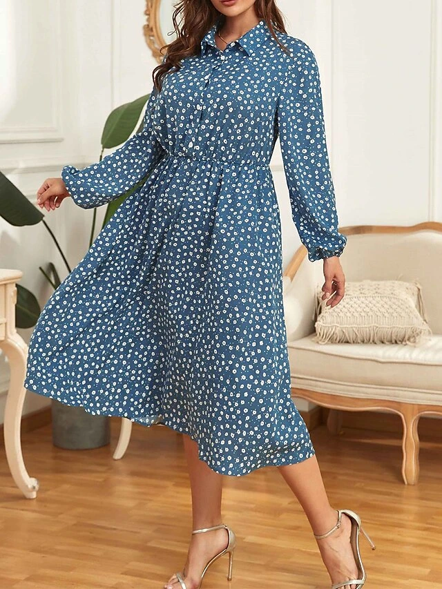 Women's Plus Size Shirt Dress Casual Dress Tunic Dress Midi Dress Outdoor Daily Date Polyester Basic Classic Shirt Collar Button Print Long Sleeve Spring Fall Winter 2023 Loose Fit Blue Floral XL 2XL 3 Women's Plus Size Shirt Dress Casual Dress Tunic Dress Midi Dress Outdoor Daily Date Polyester Basic Classic Shirt Collar Button Print Long Sleeve Spring Fall Winter 2023 Loose Fit Blue Floral XL 2XL - Image 3