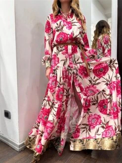 Women's Shirt Dress Casual Dress Swing Dress Maxi Long Dress Outdoor Daily Vacation Satin Fashion Modern Shirt Collar Button Split Long Sleeve Spring Fall 2023 Loose Fit Dark Pink Floral S M L XL 2XL -Cheap Plus Fit Dress Store tklrhx1692004806004