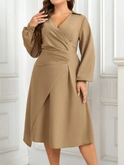 Women's Plus Size Curve Work Dress A Line Dress Plain Midi Dress Long Sleeve Ruched V Neck Fashion Office Khaki Fall Winter XL XXL 3XL 4XL