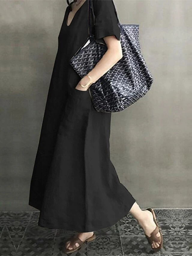 Women's Linen Dress Shift Dress Midi Dress Black Pink Apricot Short Sleeve Pure Color Pocket Summer Spring Fall Crew Neck Basic Loose Fit 2023 M L XL 2XL 3XL 4XL 5XL 2 Women's Linen Dress Shift Dress Midi Dress Black Pink Apricot Short Sleeve Pure Color Pocket Summer Spring Fall Crew Neck Basic Loose Fit 2023 M L XL 2XL 3XL 4XL 5XL - Image 2