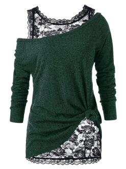 Women's Shirt Burgundy Tee 2 Pieces Outfits Waffle Black Wine Blue Floral Lace Print Long Sleeve Casual Fashion One Shoulder Regular Fit Floral Spring &Fall -Cheap Plus Fit Dress Store tlvnva1627981014416