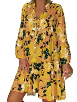 Women‘s Plus Size Curve Casual Dress Floral V Neck Print Long Sleeve Fall Spring Casual Short Mini Dress Daily Vacation Dress -Cheap Plus Fit Dress Store tmgqay1660643930376