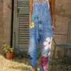 Denim Jumpsuit For Women Overall Utility Patch Pocket Print Floral Casual Daily Going Out Regular Fit Sleeveless Blue Gray Light Blue S M L Fall Cowboy