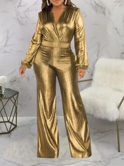 Women's Jumpsuit High Christmas Waist Solid Color V Neck Streetwear Party Xmas Street Regular Fit Long Sleeve Gold Green S M L Fall -Cheap Plus Fit Dress Store tmjmwt1695281836469