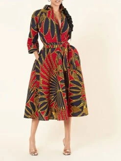 Women's Shirt Dress Print Dress Midi Dress Midi Dress Outdoor Daily Date Polyester Fashion Vintage Shirt Collar Lace Up Strappy Long Sleeve Summer Spring Fall 2023 Regular Fit Red Leaf Stripe Painting