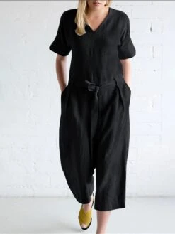 Women's Jumpsuit Lace Up Patch Pocket Solid Color V Neck Streetwear Street Daily Regular Fit Short Sleeve Black White Navy Blue S M L Summer -Cheap Plus Fit Dress Store tnivtc1689920020011