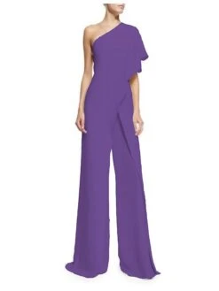 Women's Jumpsuit For Special Occasions Clean Fit Patchwork Overlay Solid Color One Shoulder Elegant Party Prom Wide Leg Regular Fit Short Sleeve Butterfly Sleeve Blue White Black S M L Fall -Cheap Plus Fit Dress Store toeqwb1618823359334