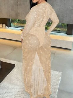 Women's Jumpsuit Mesh Solid Color Deep V Sexy Party Bar See Through Regular Fit Long Sleeve Red Beige Black S M L Winter Fall -Cheap Plus Fit Dress Store togfru1660121291078