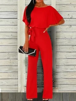 Women's Jumpsuit Belted Round Neck Basic Daily Straight Regular Fit Short Sleeve Black Blue Pink S M L Summer