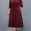 Women's Plus Size Party Dress Velvet Dress Cocktail Dress Midi Dress Black Wine Purple Long Sleeve Leaf Pocket Spring Fall Winter V Neck Fashion Winter Dress Wedding Guest Birthday Loose Fit 2023 XL