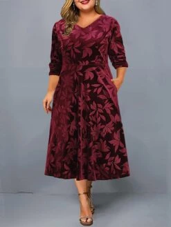 Women's Plus Size Party Dress Velvet Dress Cocktail Dress Midi Dress Black Wine Purple Long Sleeve Leaf Pocket Spring Fall Winter V Neck Fashion Winter Dress Wedding Guest Birthday Loose Fit 2023 XL