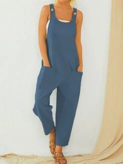 One Piece Jumpsuits For Women Utility Overall Button Patch Pocket Solid Color Crew Neck Streetwear Daily Vacation Regular Fit Sleeveless Army Green Blue Apricot S M L Summer Fall