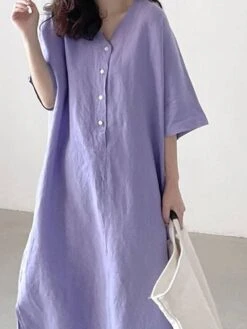 Women's Casual Dress Cotton Dress Cotton Blend Fashion Daily Holiday Vacation Weekend V Neck Baggy Side Split Short Sleeve Spring Autumn Purple S M L XL -Cheap Plus Fit Dress Store tphsox1690546956214