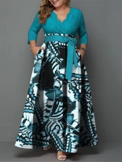 Women‘s Plus Size Curve Casual Dress Lace Dress Swing Dress Butterfly Long Dress Maxi Dress 3/4 Length Sleeve Lace Up Lace V Neck Fashion Outdoor Blue Summer Spring L XL XXL 3XL 4XL