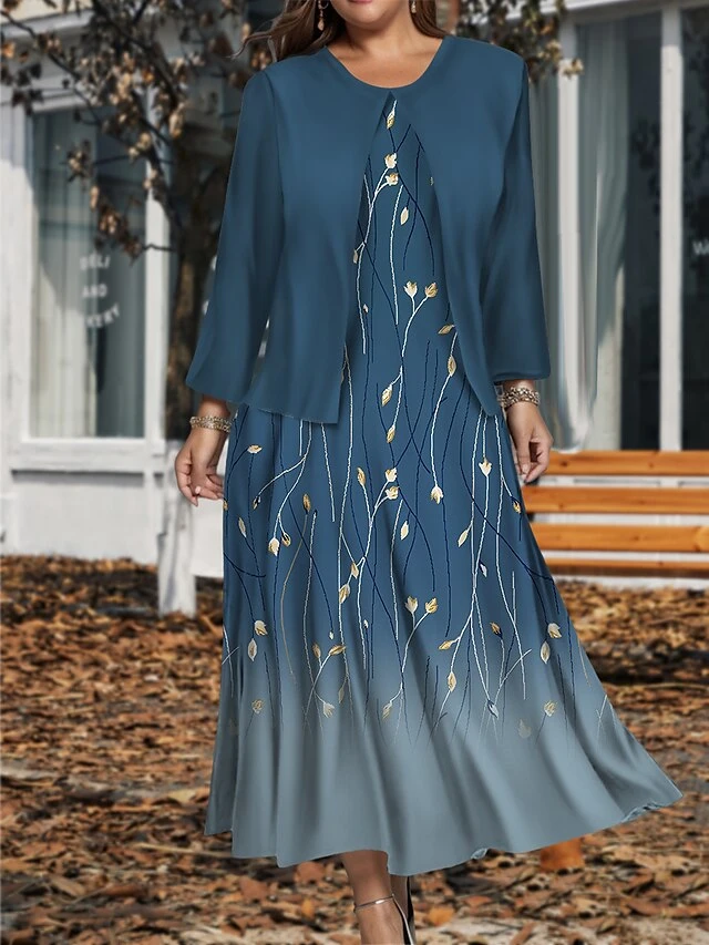 Women's Plus Size Two Piece Dress Set Casual Dress Swing Dress Outdoor Office Fashion Streetwear Print Midi Dress Crew Neck Long Sleeve Floral Ombre Regular Fit Wine Blue Green Fall Winter L XL XXL 1 Women's Plus Size Two Piece Dress Set Casual Dress Swing Dress Outdoor Office Fashion Streetwear Print Midi Dress Crew Neck Long Sleeve Floral Ombre Regular Fit Wine Blue Green Fall Winter L XL XXL