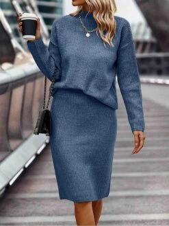 Women's Two Piece Dress Set Casual Dress Skirt Set Daily Holiday Fashion Streetwear Ribbed Midi Dress High Neck Long Sleeve Plain Loose Fit Black Wine Dark Pink Fall Winter S M L XL XXL